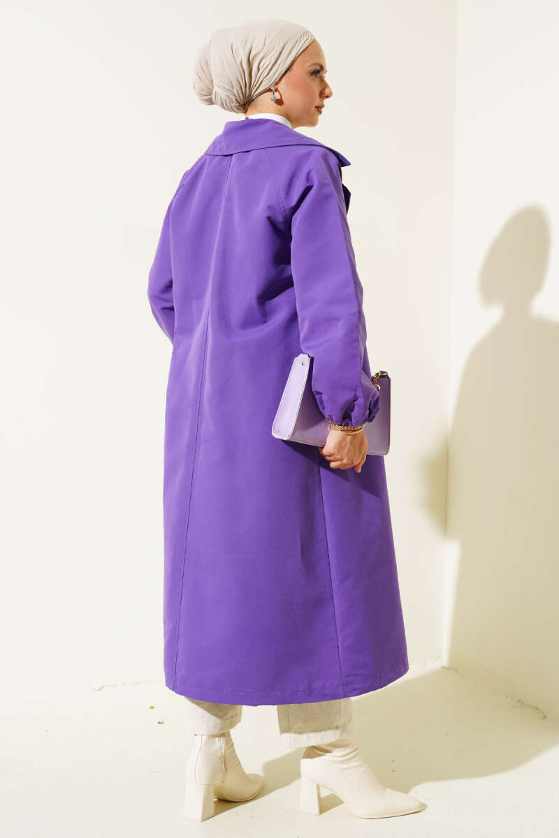 Lined Trench Coat with Stone Collar - Purple