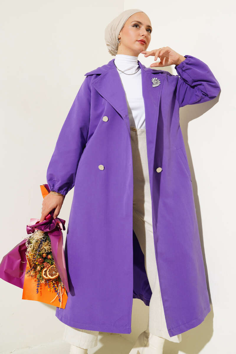 Lined Trench Coat with Stone Collar - Purple
