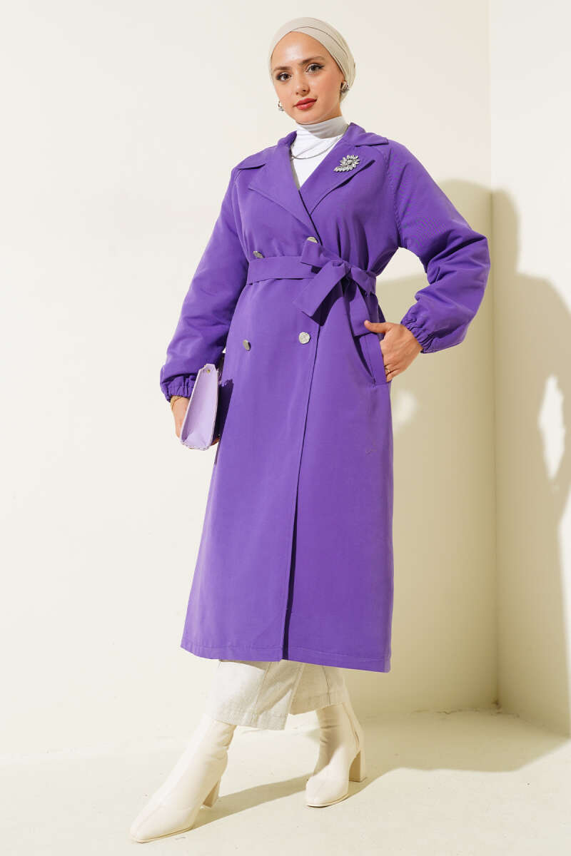 Lined Trench Coat with Stone Collar - Purple