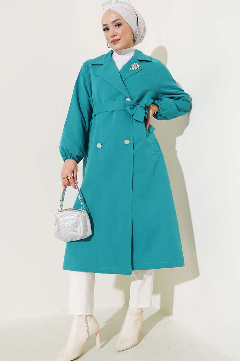 Lined Trench Coat with Stone Collar - Teal