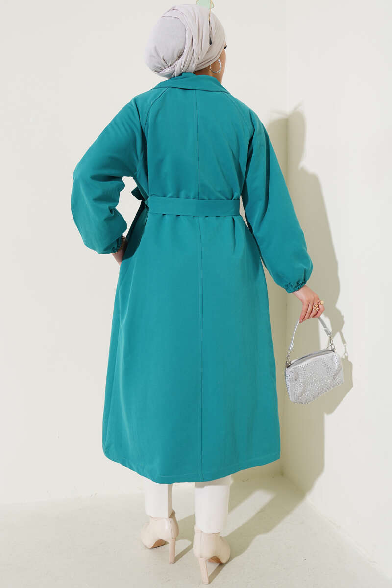 Lined Trench Coat with Stone Collar - Teal