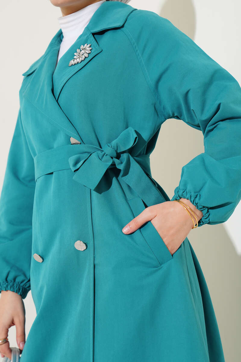 Lined Trench Coat with Stone Collar - Teal