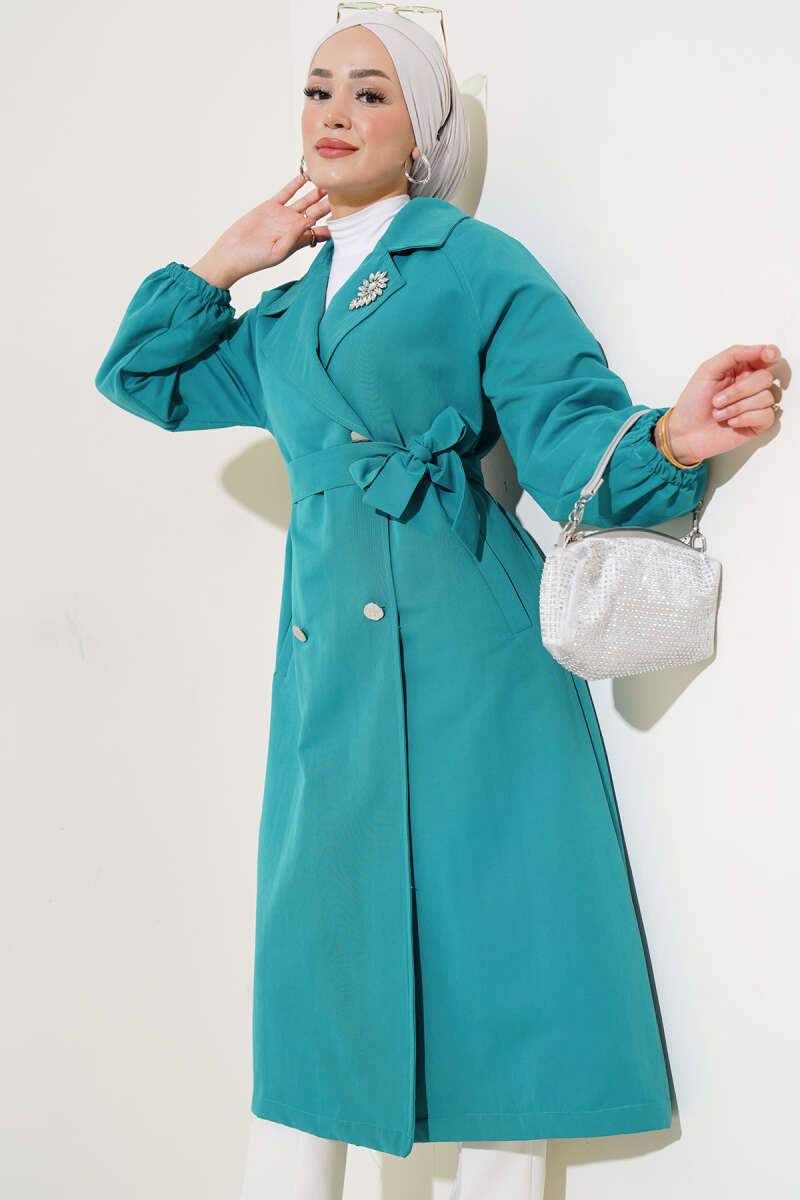 Lined Trench Coat with Stone Collar - Teal