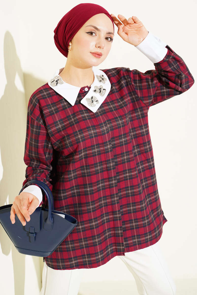 Plaid Shirt with Stone Collar - Burgundy