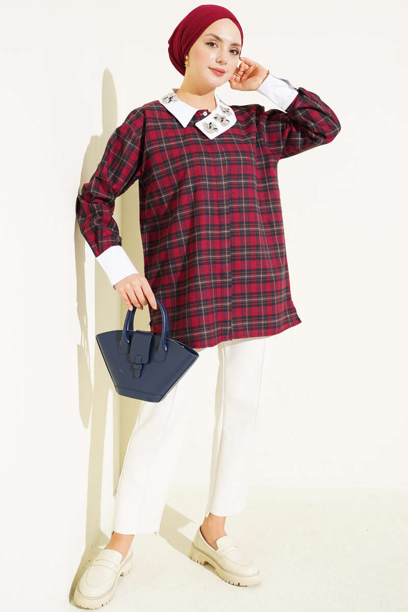Plaid Shirt with Stone Collar - Burgundy
