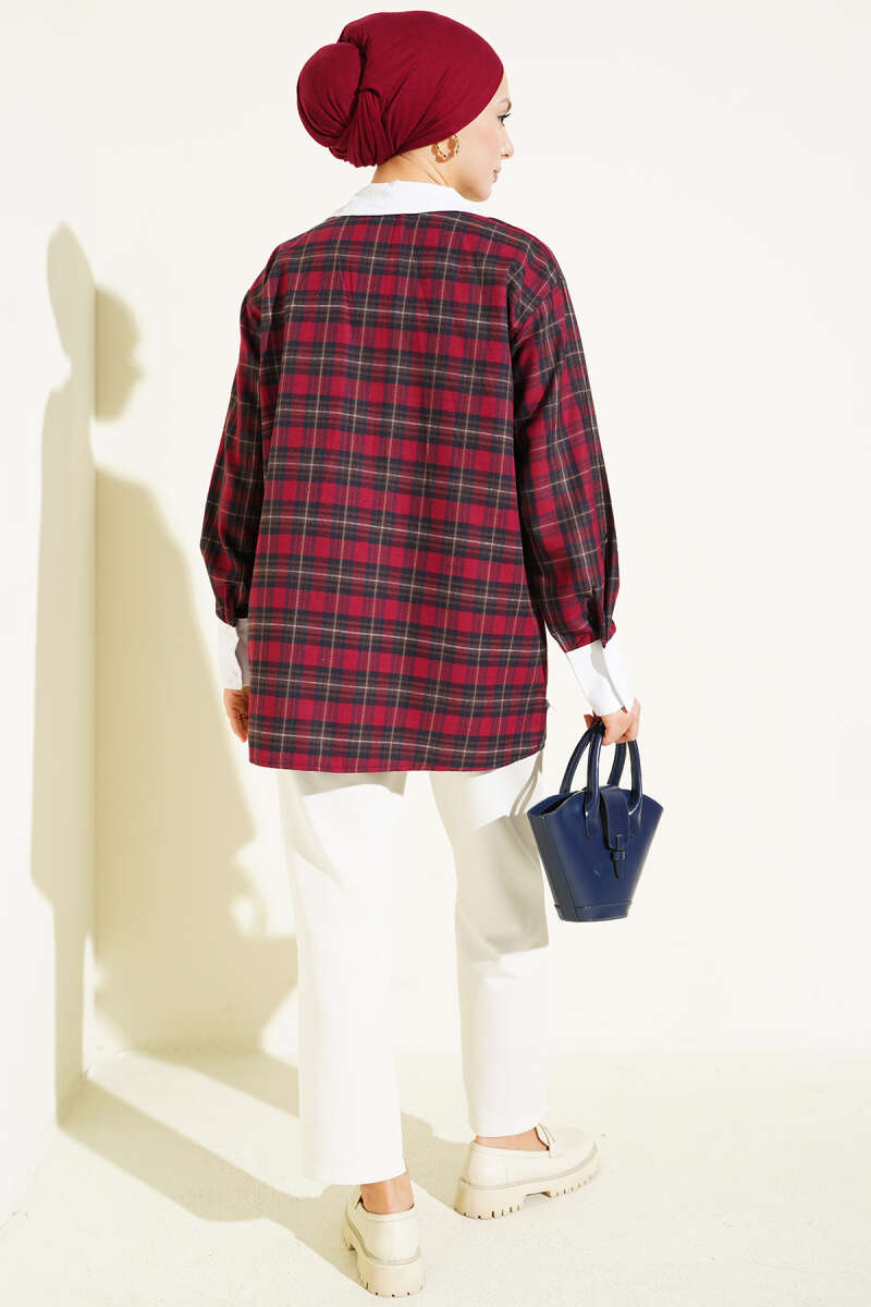 Plaid Shirt with Stone Collar - Burgundy