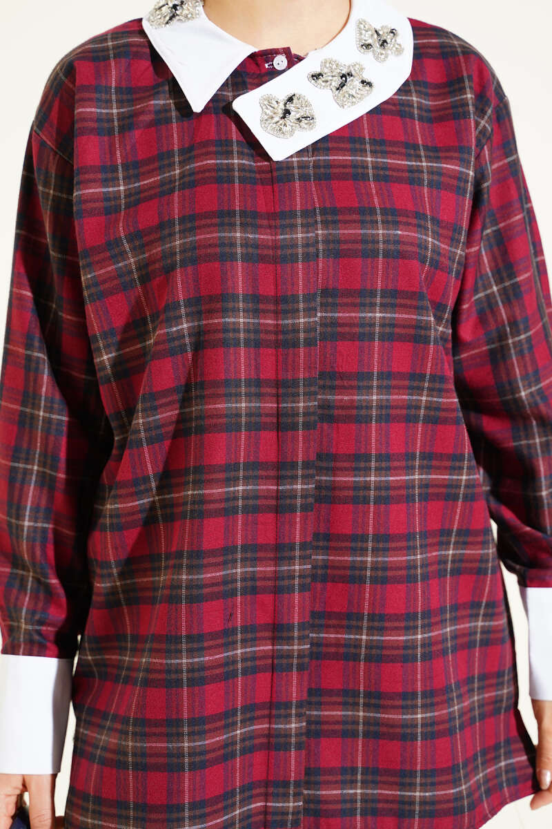 Plaid Shirt with Stone Collar - Burgundy
