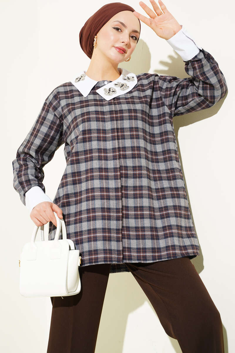 Plaid Shirt with Stone Collar - Smoke Grey