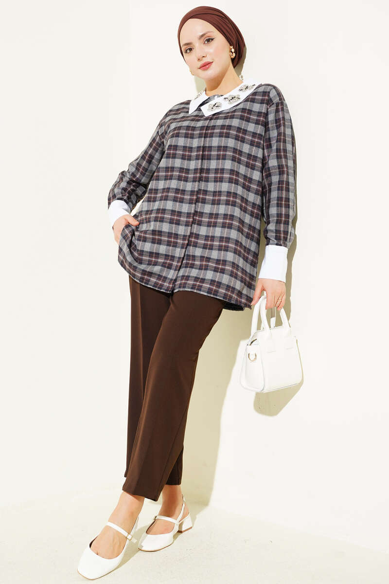 Plaid Shirt with Stone Collar - Smoke Grey