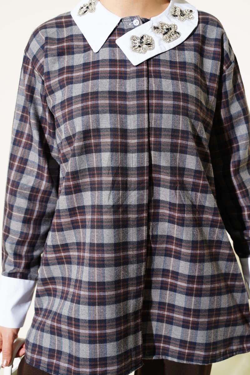 Plaid Shirt with Stone Collar - Smoke Grey