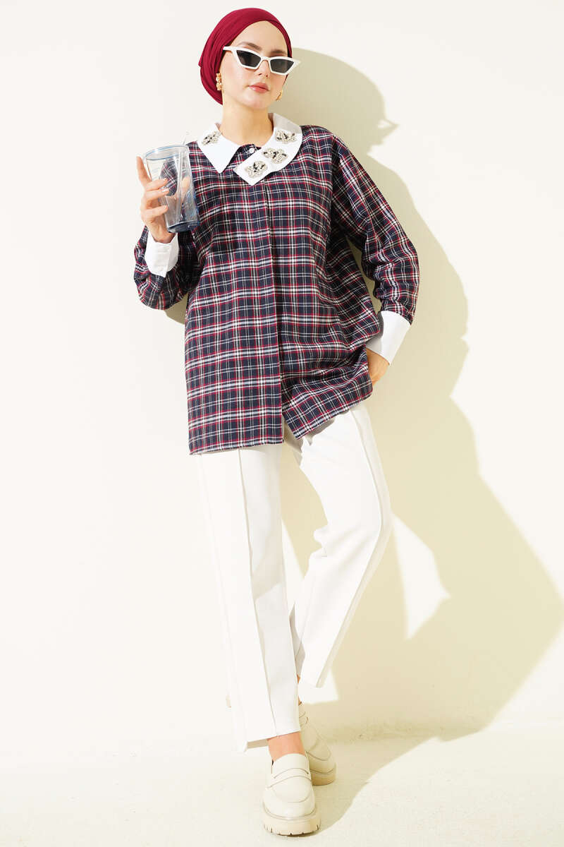 Plaid Shirt with Stone Collar - Navy