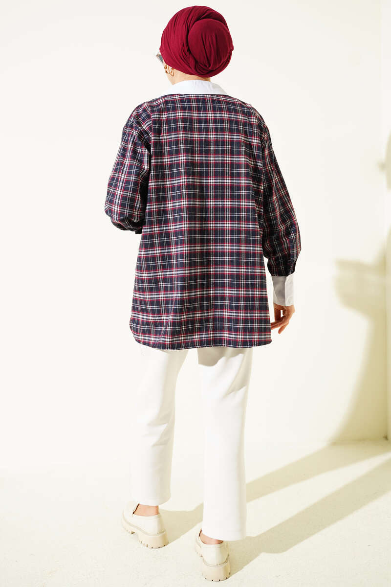 Plaid Shirt with Stone Collar - Navy