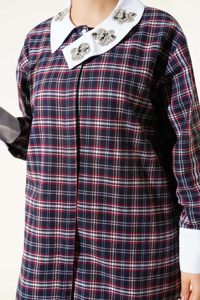 Plaid Shirt with Stone Collar - Navy