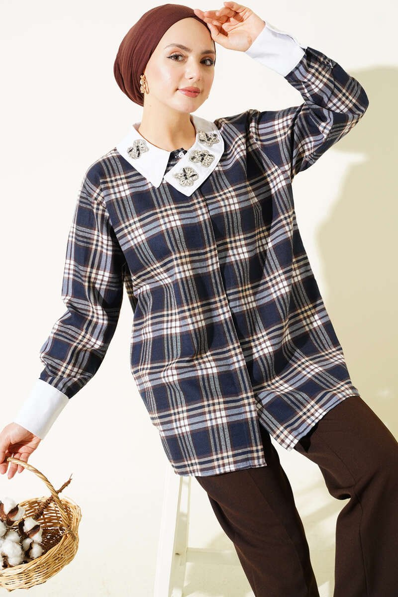 Plaid Shirt with Stone Collar - Parliament Blue