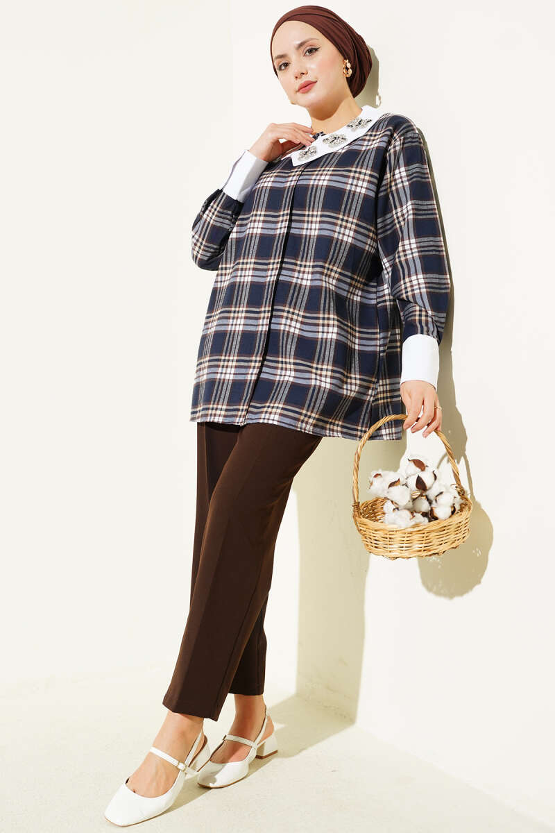 Plaid Shirt with Stone Collar - Parliament Blue