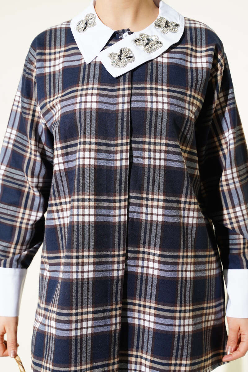 Plaid Shirt with Stone Collar - Parliament Blue