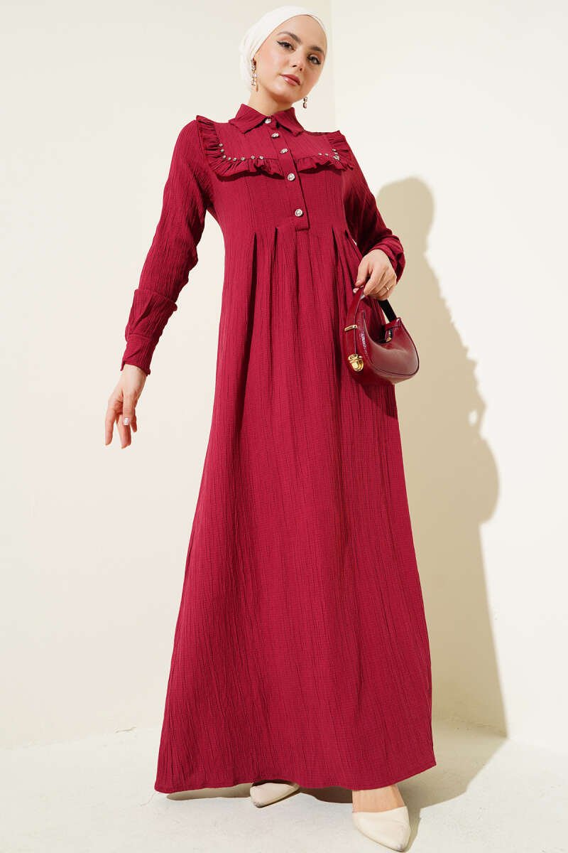 Ruffle Dress with Stone Collar - Burgundy