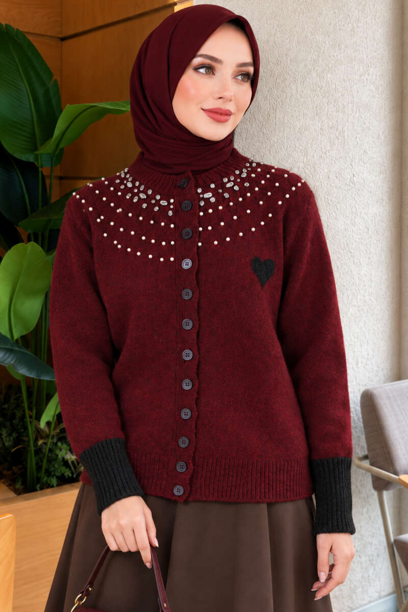 Heart Knit Cardigan with Jewelled Collar - Burgundy