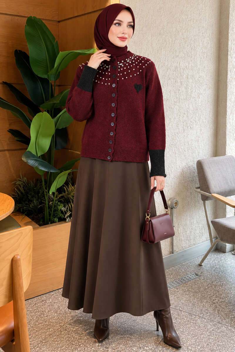 Heart Knit Cardigan with Jewelled Collar - Burgundy