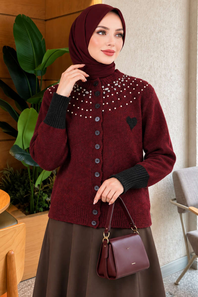 Heart Knit Cardigan with Jewelled Collar - Burgundy