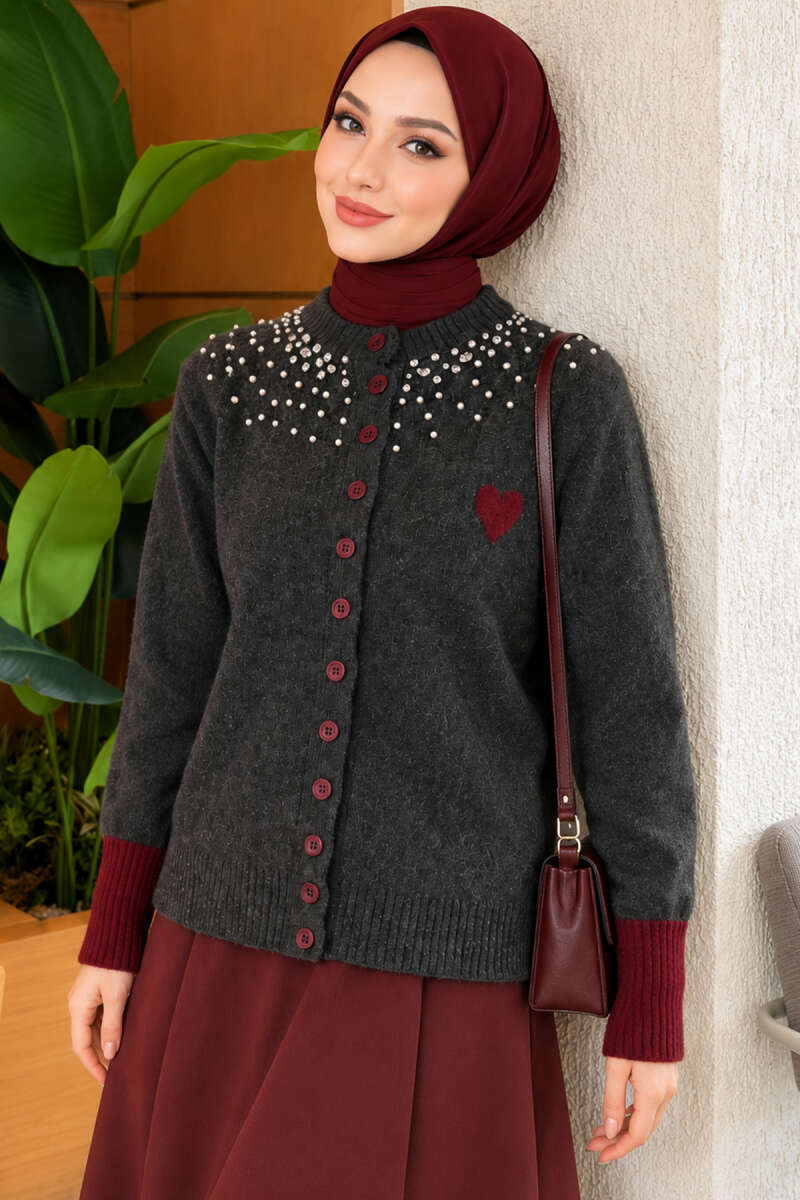 Heart Knit Cardigan with Jewelled Collar - Smoke Grey