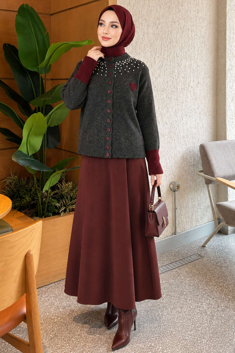 Heart Knit Cardigan with Jewelled Collar - Smoke Grey