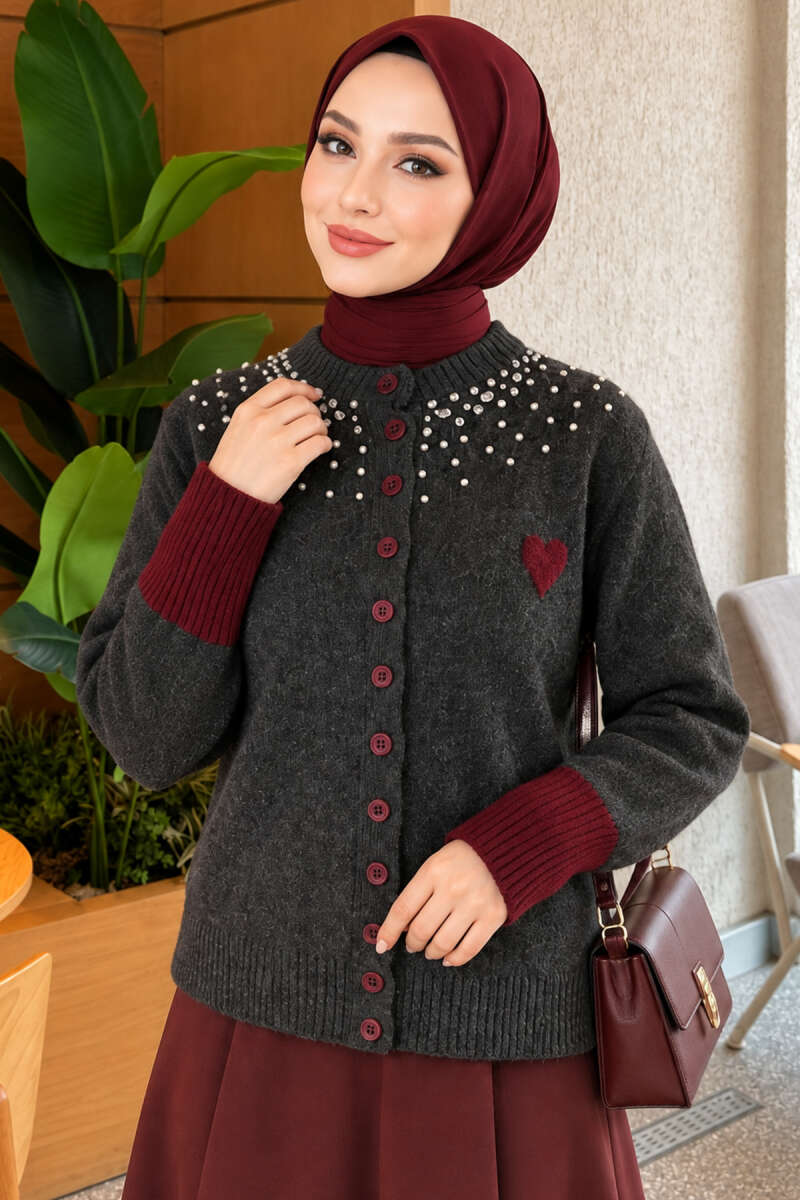 Heart Knit Cardigan with Jewelled Collar - Smoke Grey