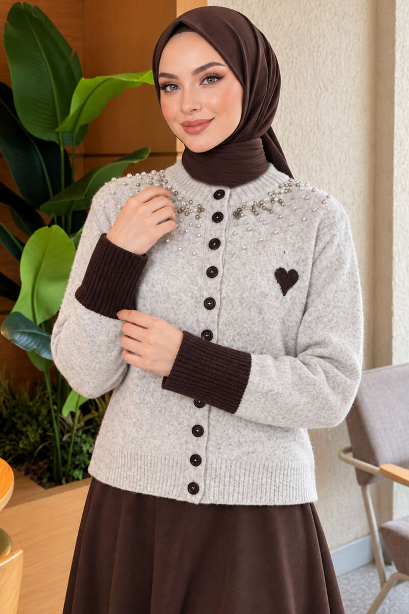 Heart Knit Cardigan with Jewelled Collar - Grey