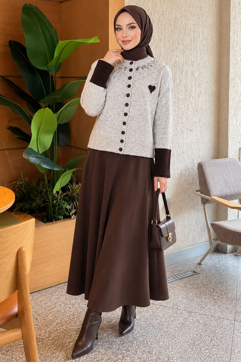 Heart Knit Cardigan with Jewelled Collar - Grey