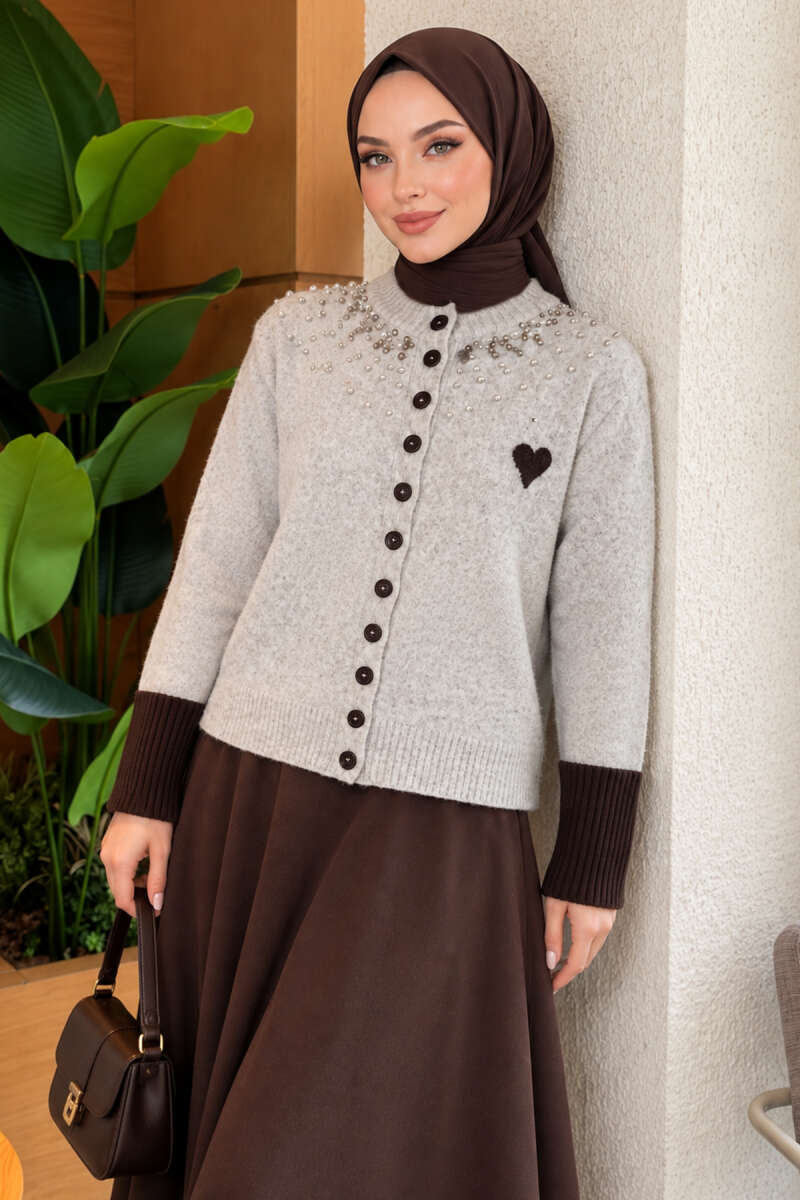 Heart Knit Cardigan with Jewelled Collar - Grey