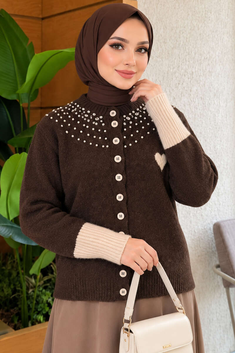 Heart Knit Cardigan with Jewelled Collar - Brown