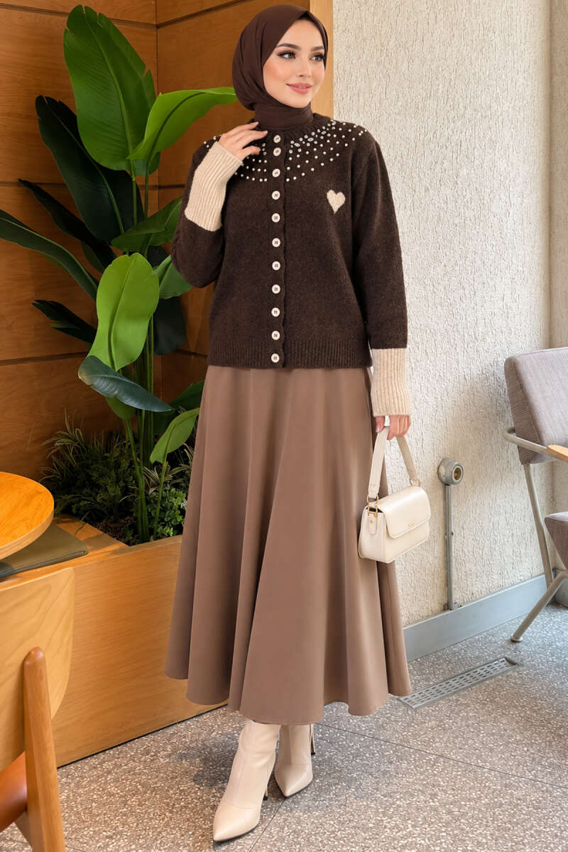 Heart Knit Cardigan with Jewelled Collar - Brown