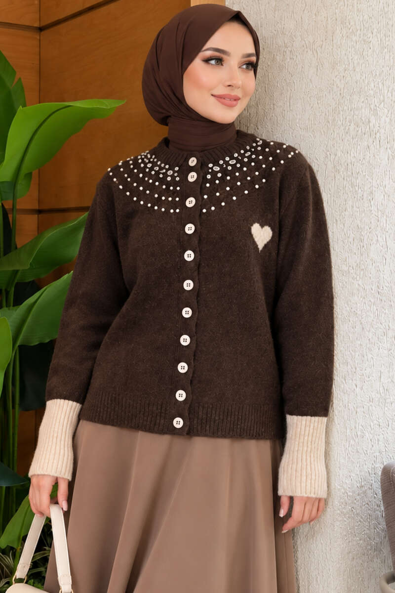 Heart Knit Cardigan with Jewelled Collar - Brown