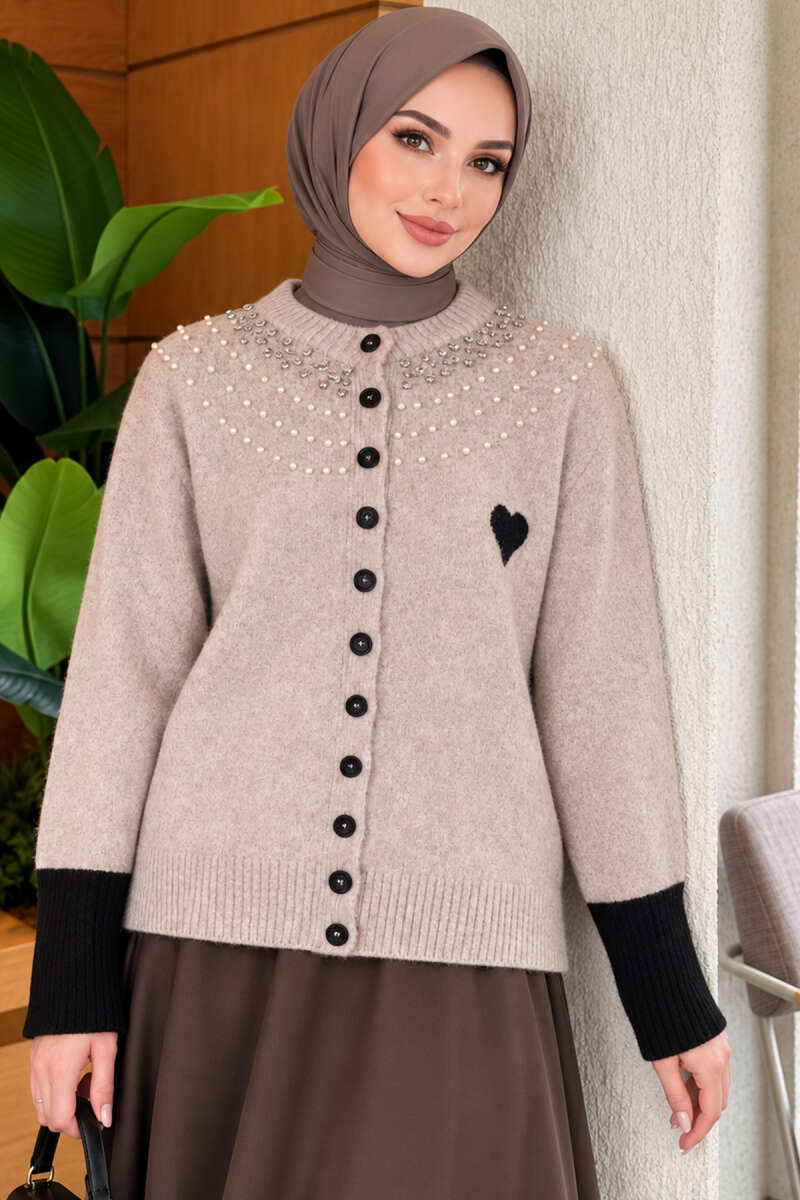 Heart Knit Cardigan with Jewelled Collar - Stone