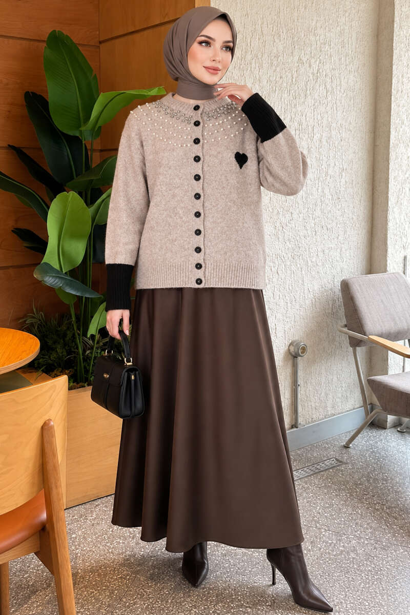 Heart Knit Cardigan with Jewelled Collar - Stone