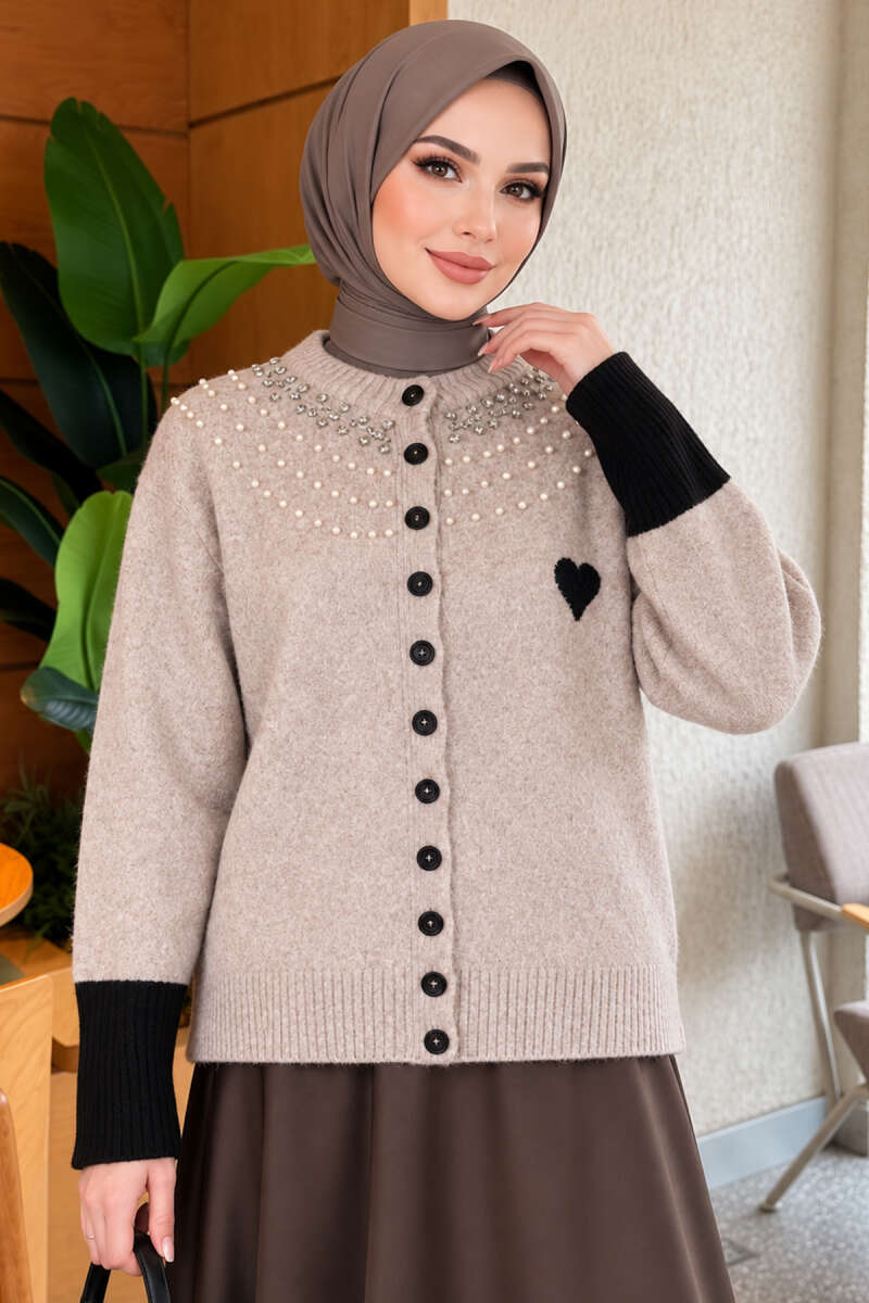 Heart Knit Cardigan with Jewelled Collar - Stone