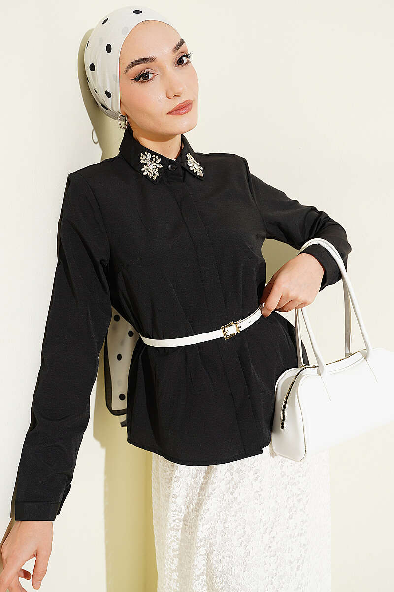 Short Shirt with Stone Collar - Black