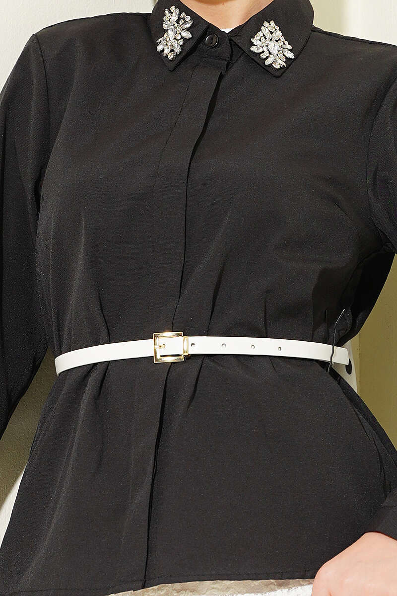 Short Shirt with Stone Collar - Black
