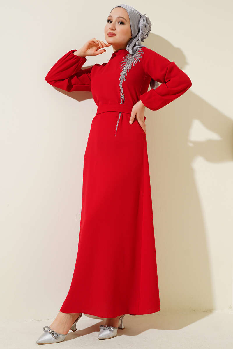 Belted Dress with Stone Collar - Red