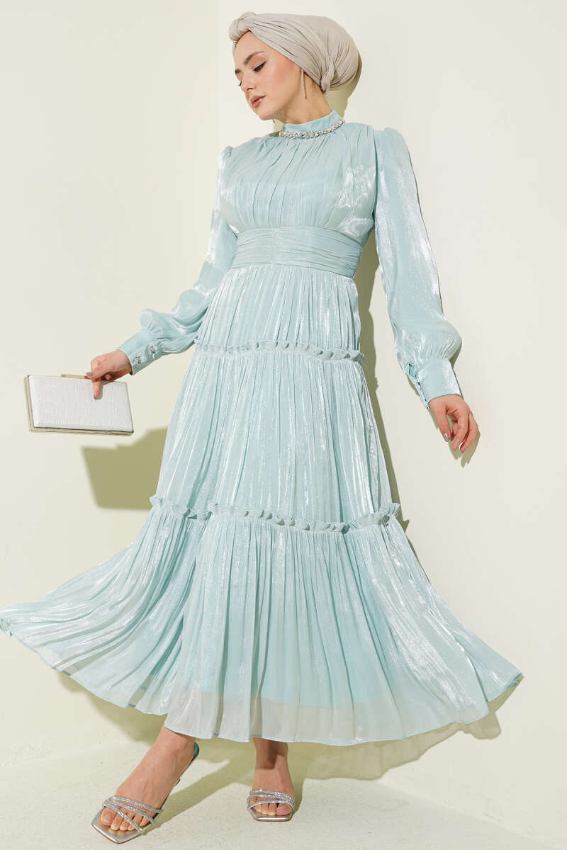 Pleated Evening Dress with Stone Collar - Mint