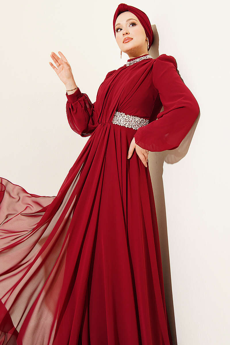 Chiffon Evening Dress with Jewelled Collar and Waist - Burgundy