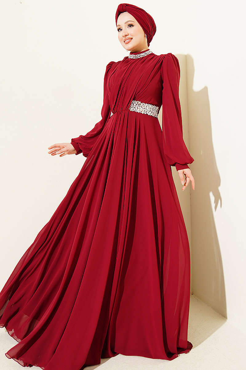 Chiffon Evening Dress with Jewelled Collar and Waist - Burgundy