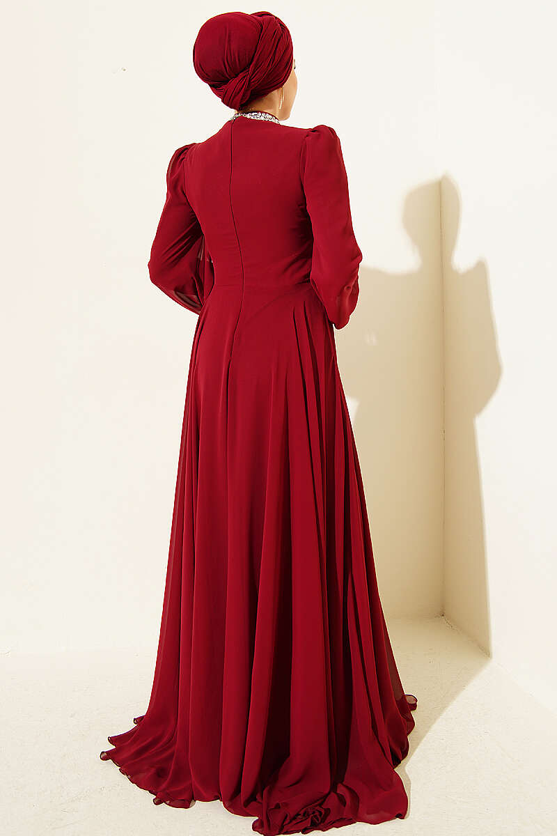 Chiffon Evening Dress with Jewelled Collar and Waist - Burgundy