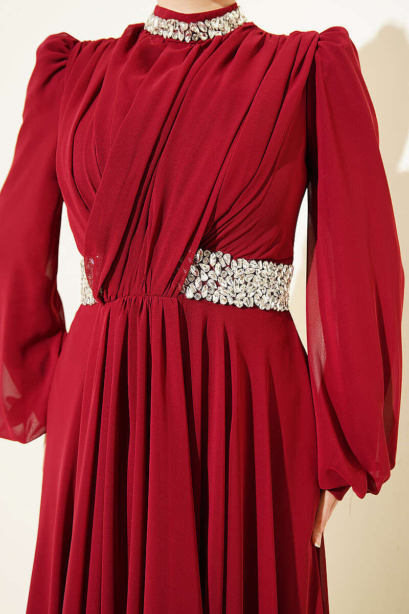 Chiffon Evening Dress with Jewelled Collar and Waist - Burgundy