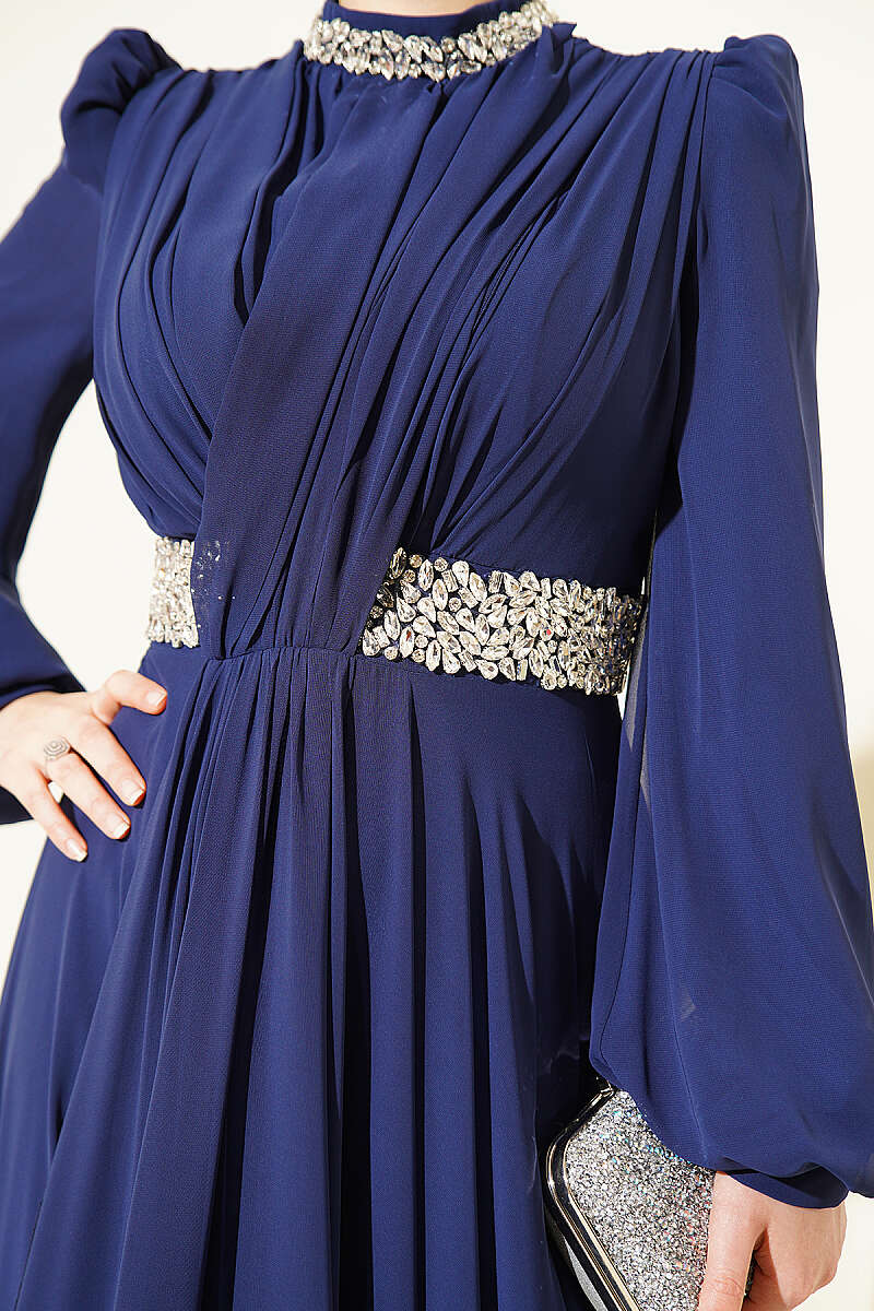 Chiffon Evening Dress with Jewelled Collar and Waist - Navy
