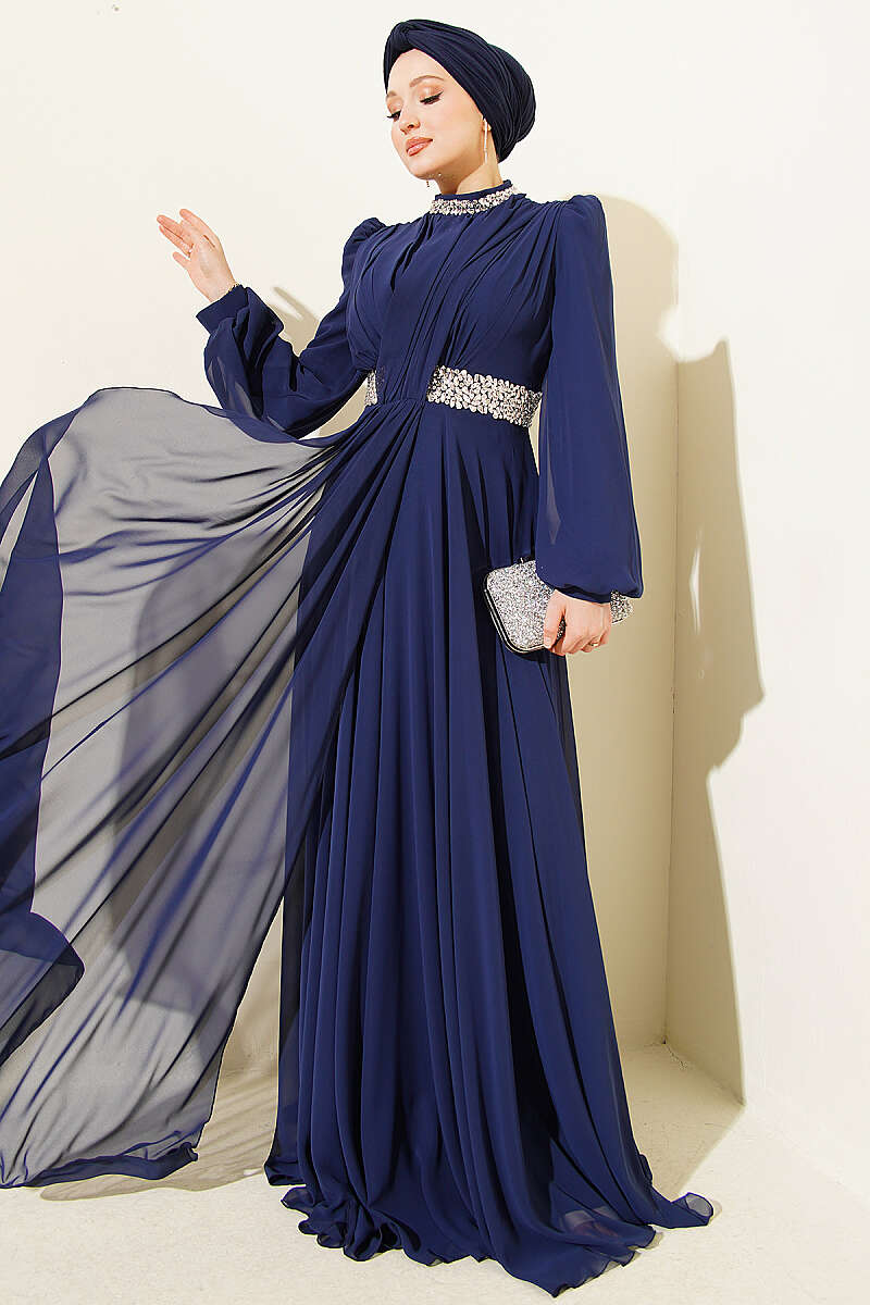 Chiffon Evening Dress with Jewelled Collar and Waist - Navy