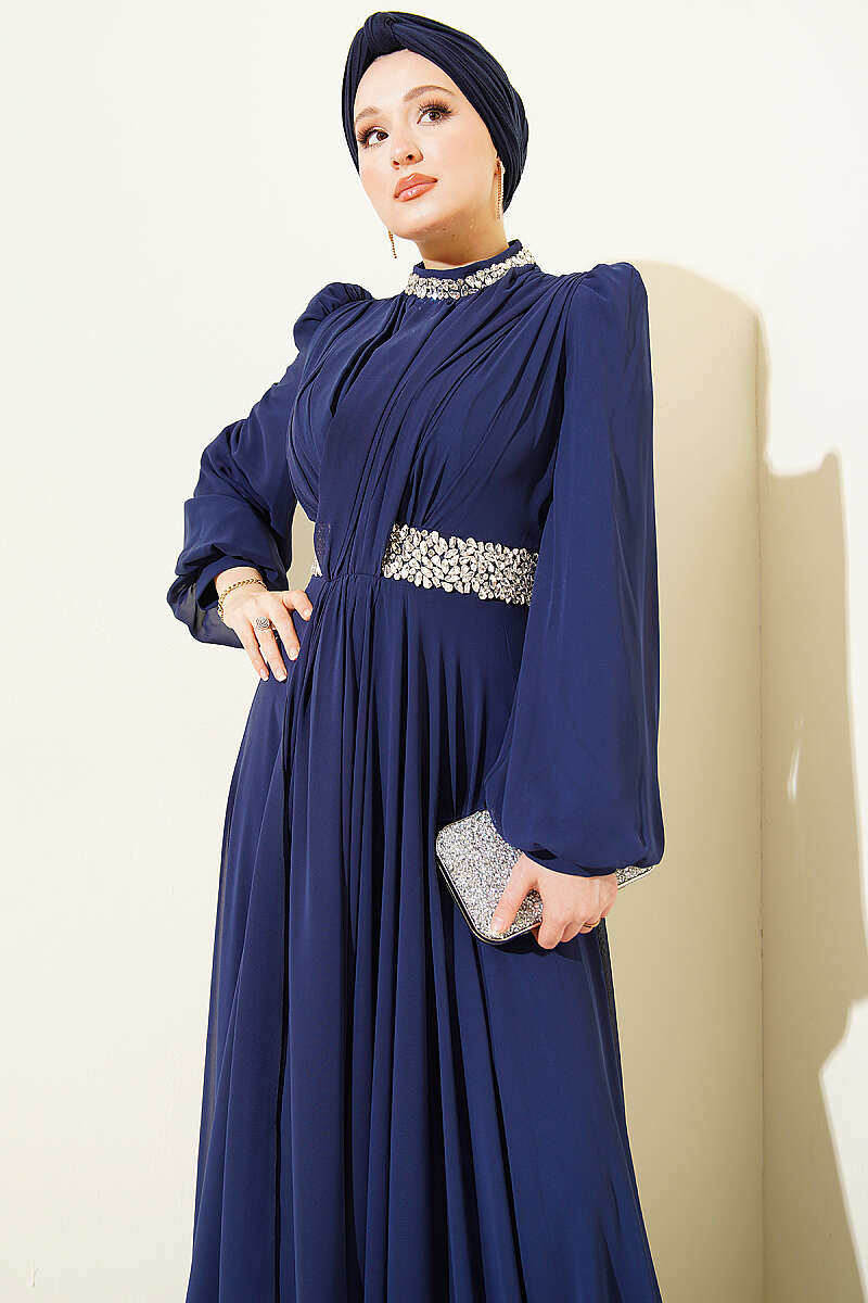 Chiffon Evening Dress with Jewelled Collar and Waist - Navy