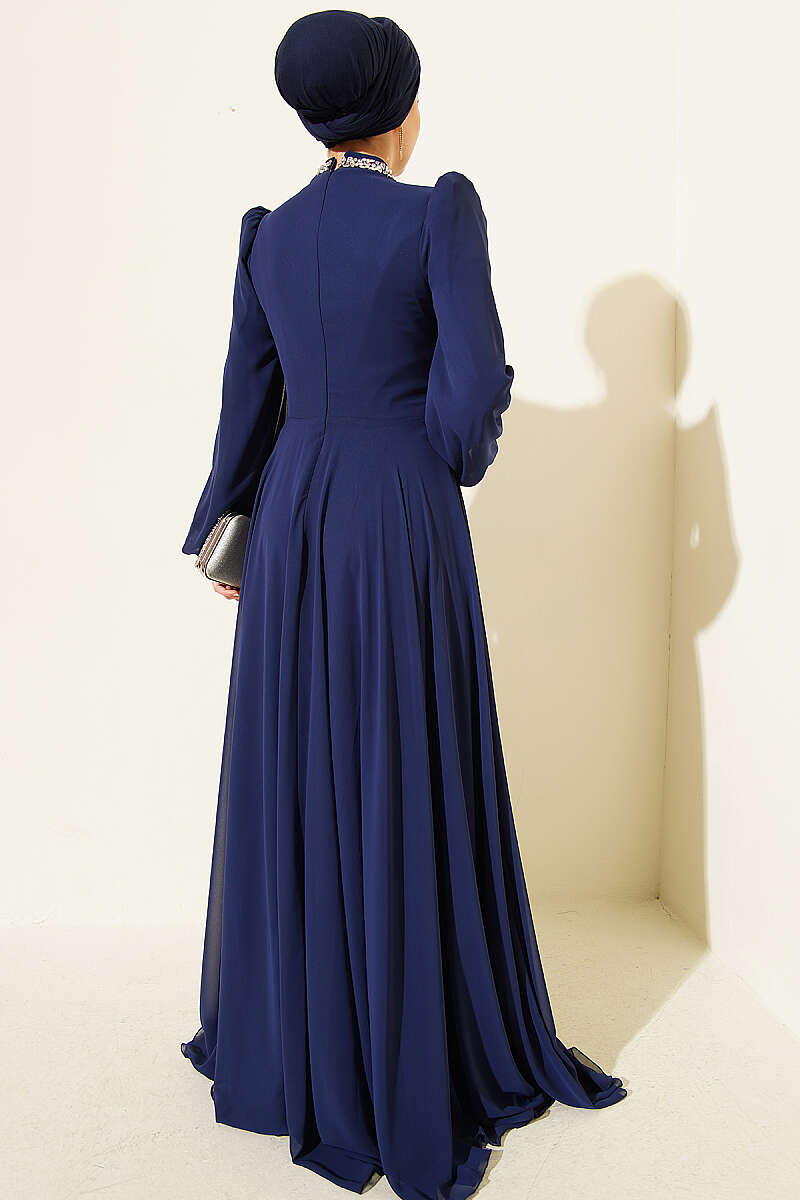 Chiffon Evening Dress with Jewelled Collar and Waist - Navy