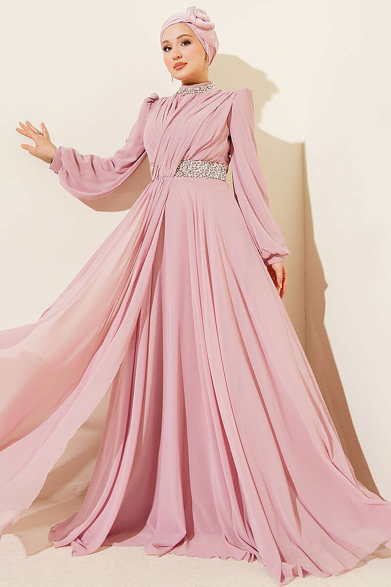 Chiffon Evening Dress with Jewelled Collar and Waist - Powder