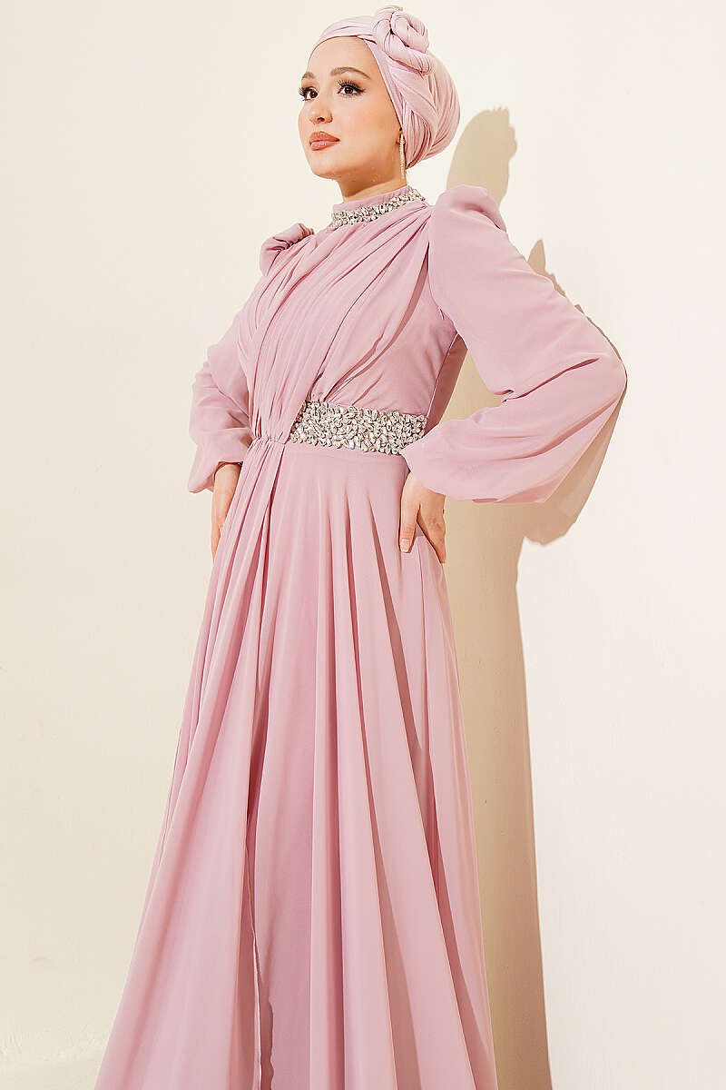 Chiffon Evening Dress with Jewelled Collar and Waist - Powder